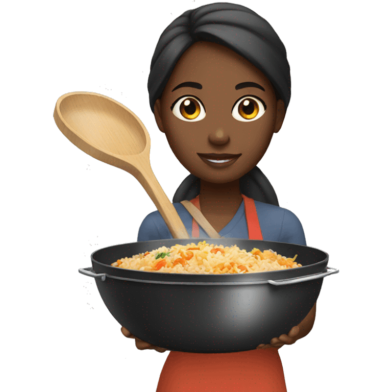 Black girl holding a wok that has fried rice in it emoji