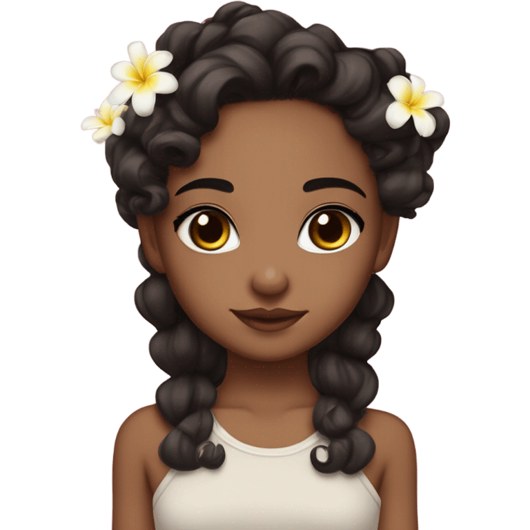 cute wheatish complexion girl with deep brownblack curls, with plumeria flower clip in her hair and bright doe eyes and straight thick brows and cherry l emoji