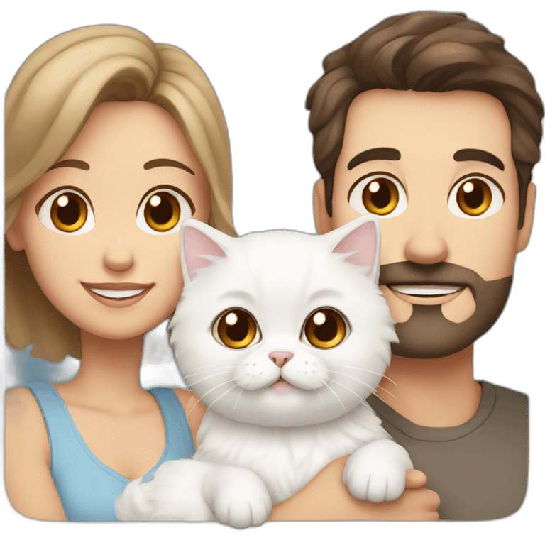 Family with dad with brown eyes and short dark hair, mother with blue eyes and brown wavy hair, baby, white Persian cat emoji