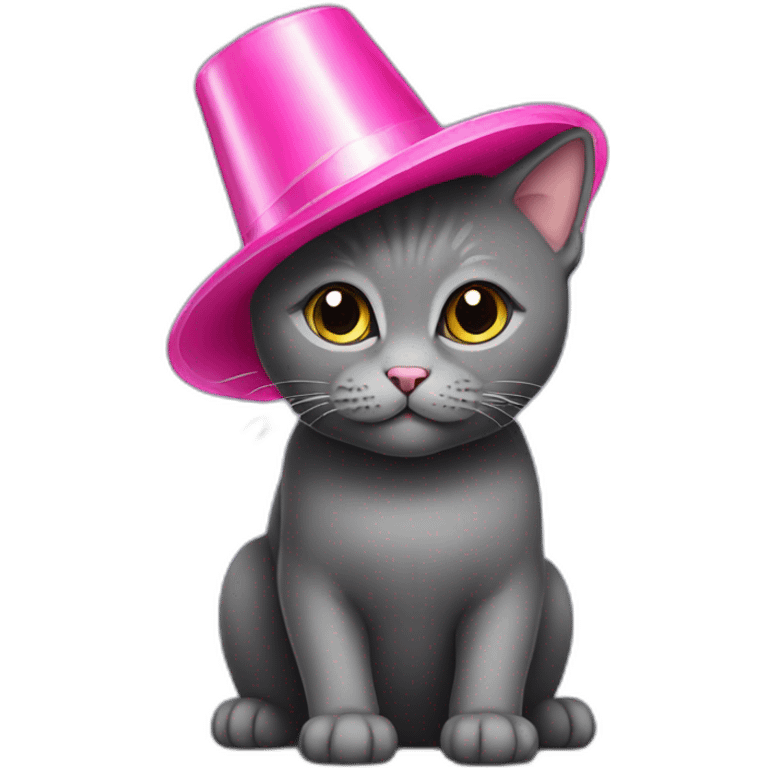 Dark Grey British short hair cat wearing a pink party hat emoji