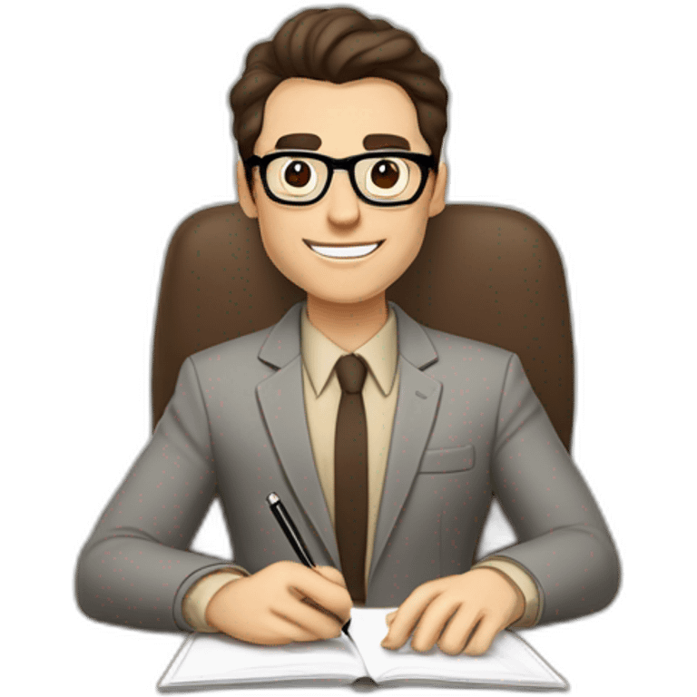 Pale skinned Fit Man With dark brown hair in gray jacket, beige office shirt, Brown pants and vintage glasses sitting In a soft chair with a notebook on spring with emblem Ψ and a pen emoji