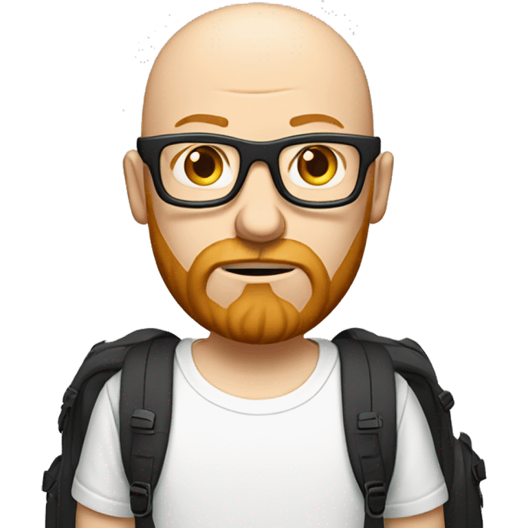 bald man with ginger beard and black thin glasses, sad face, white t-shirt, backpack with camera on his shoulder emoji