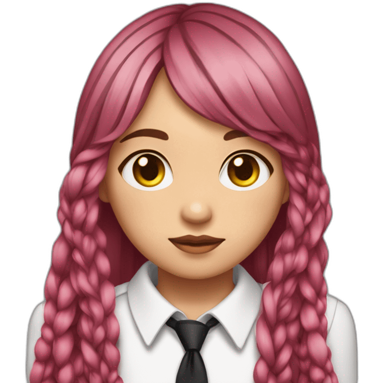 (gril) makima with long straight red or pink hair fringe and braid, yellow eyes with a circle inside and a white shirt with long sleeve and black tie emoji