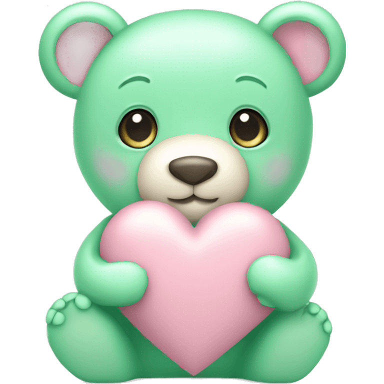 Cute pastel pink bear holding pastel green heart emoji