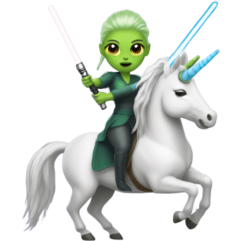 a unicorn with a green alien woman on it holding a lightsaber emoji