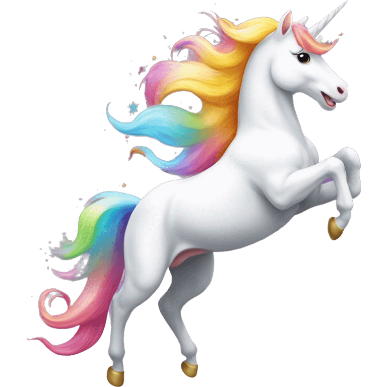 A happy, white unicorn with a colorful mane and tail, in a mid-leap pose, leaving a trail of sparkling rainbows behind. emoji