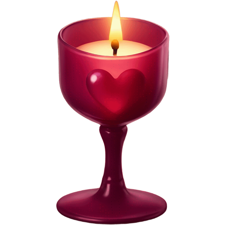 A heart-shaped candle in a burgundy glass holder casting a warm glow
 emoji