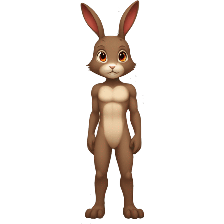 Anthro, Fur-Sona, Dark-Brown, Normal-type-Ground-type Tan-Rabbit-Fakémon with Dark-Red eyes, beige belly, beige paws, beige feet, beige freckles, full body emoji