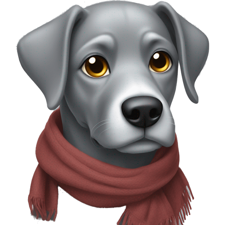 Solid gray dog wearing scarf looking at viewer emoji