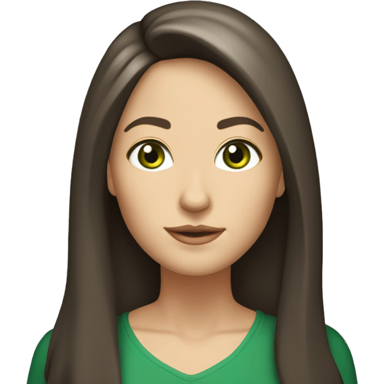 brunette medium build 42 year old teacher with green eyes, round face, white skin and long hair parted in the middle with curtain bangs emoji