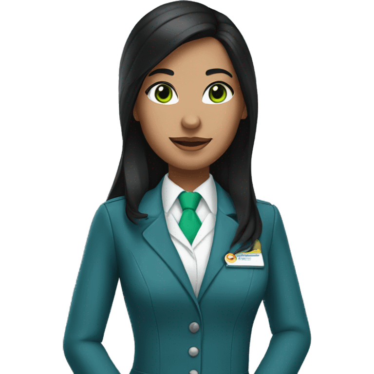 Flight attendant with long black hair, white skin and green eyes and a blue scarf emoji