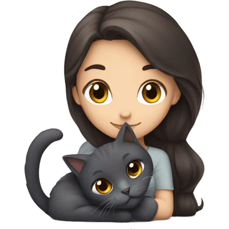 Brunette girl snuggling fluffy dark grey cat emoji