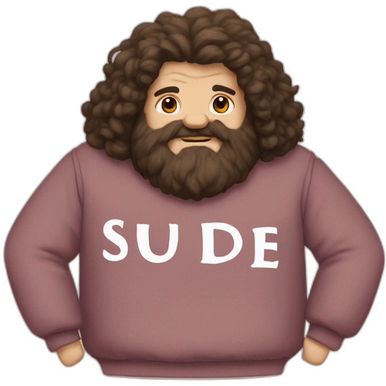 Rubeus Hagrid wears a Sweatshirt with the word Sude on it emoji