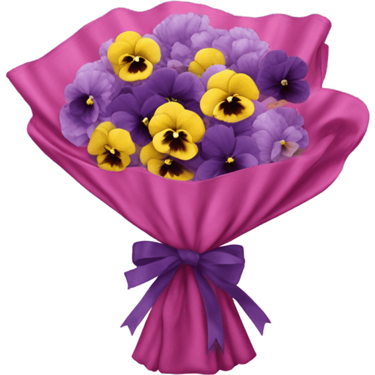 A bundle of pastel pansies and dark violet peonies wrapped in translucent deep pink fabric with a delicate bow. emoji