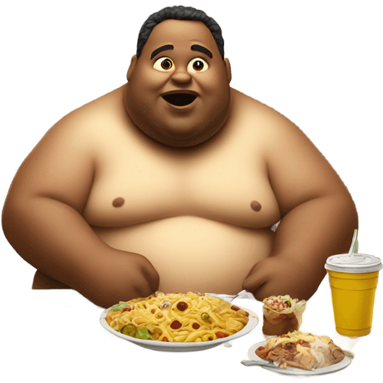 Fat man eating lots of food sitting at a table emoji