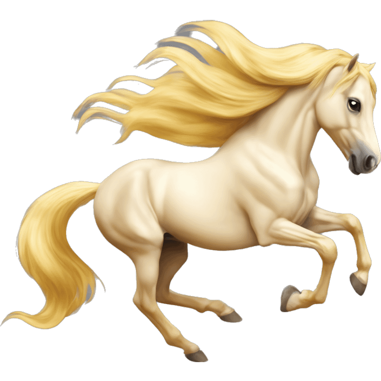 Yellow palomino horse with long flowing mane galloping with prosthetic leg, slender horse, solid yellow horse, running, galloping with prosthetic leg, pretty horse, horse with piebald foal emoji