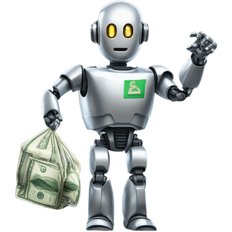 A robot holding a bag of money, symbolizing automated promotion. emoji