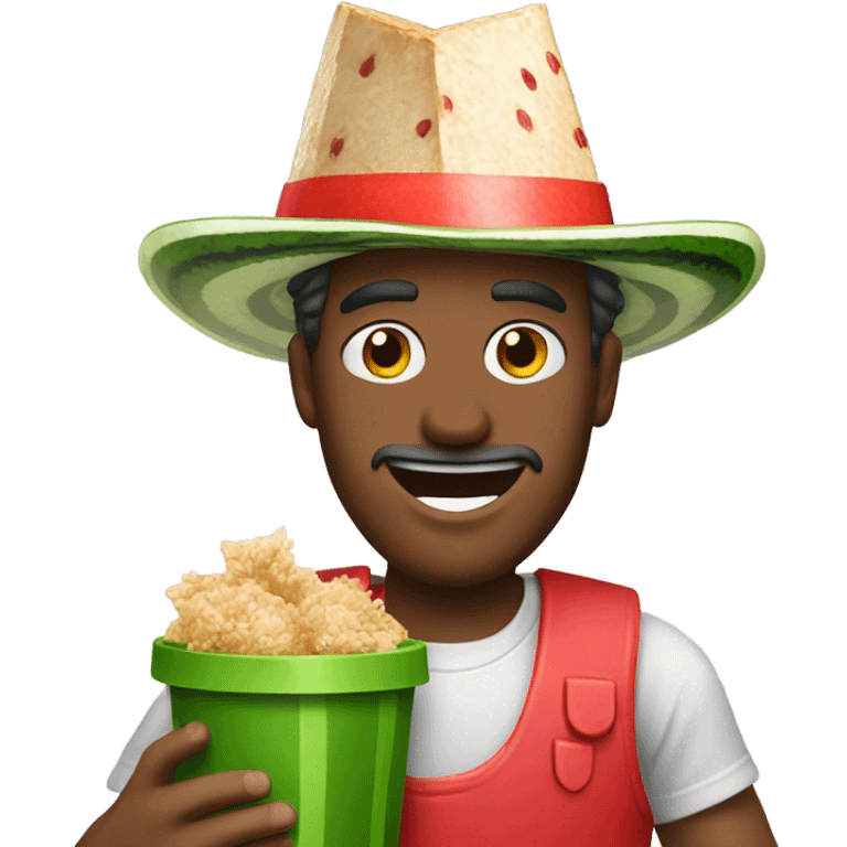 Create a guy holding kfc with a watermelon hat emoji