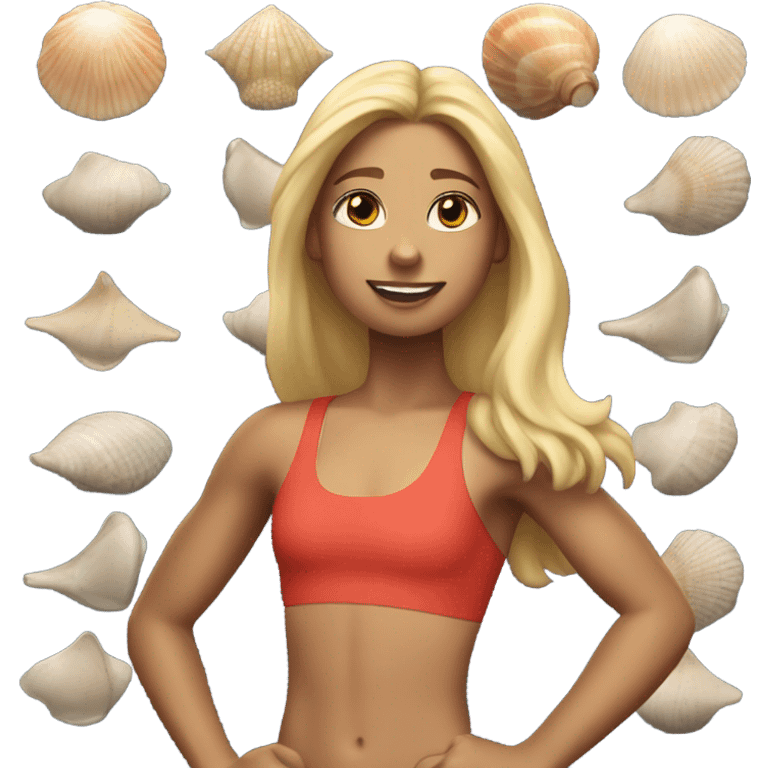 A girl with long blonde hair with wide shoulders wearing a Great Britain rowing swimming suit and has toned muscles and a sea shell necklace  emoji