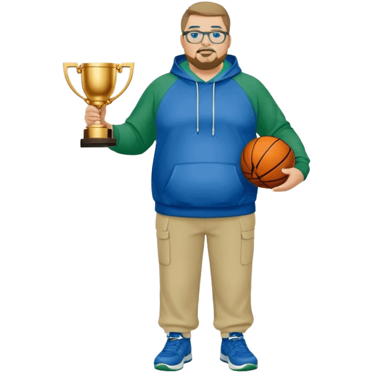 full body white obese male basketball coach with trophy. Goatee , Wearing glasses and blue and green hoodie and khaki pants emoji