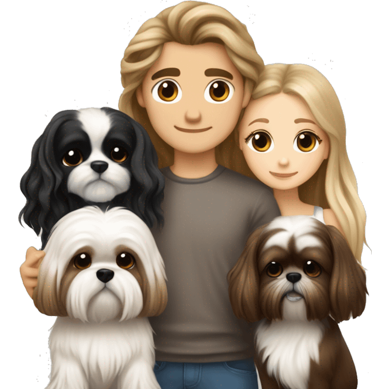 A couple, one very beautiful white  girl with very long volume hair brown and blond and one white boy with perfect brown hair that hugs her and also hugs two little dogs shih tzu black and white emoji