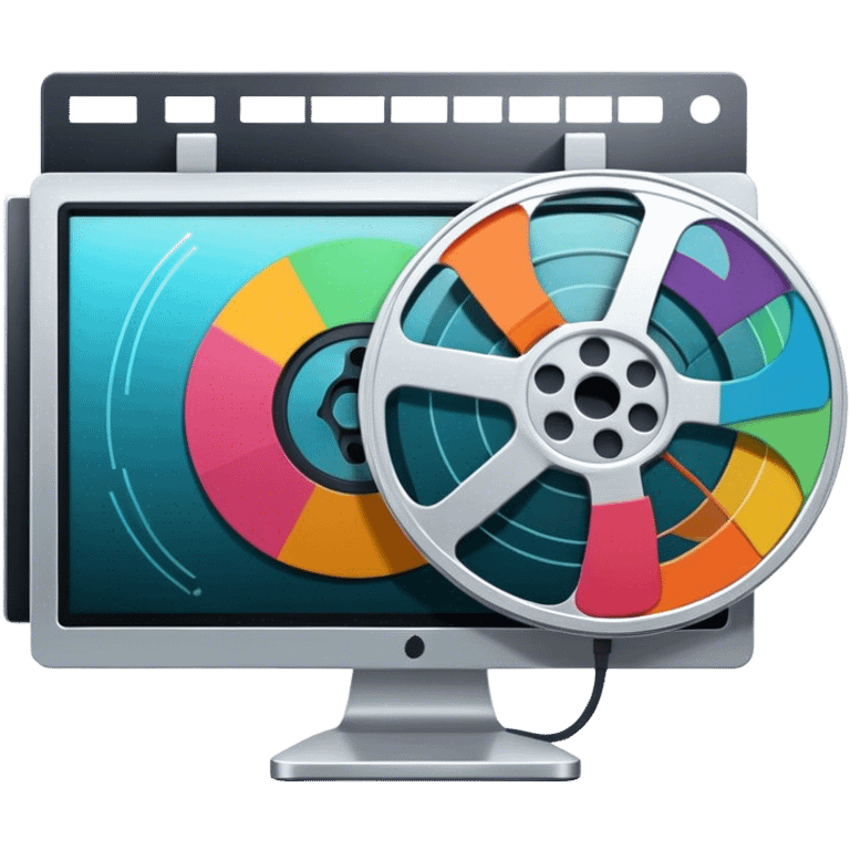 Create a vibrant and modern icon representing Animation and Motion Design, featuring elements like a film reel, a computer screen, and dynamic motion lines. The design should be visually engaging, colorful, and dynamic, without any emojis. The background must be transparent. emoji