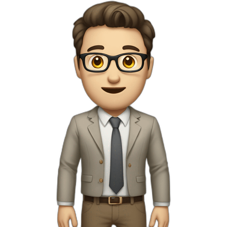 Full height Actively gesturing with hands Pale skinned fit man with dark brown hair in gray jacket, beige office shirt, brown tie, brown pants and vintage glasses. emoji