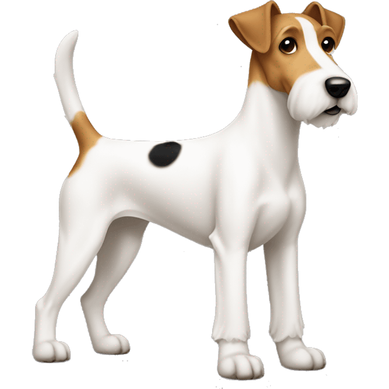 a dog with a black-brown muzzle, completely white paws and body, and a small black spot on the left side of the body, the name of the breed is that fox terrier emoji