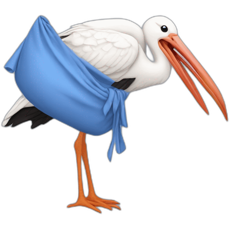 White stork carrying a blue bundle of cloth in its beak that has a human baby with dark hair and the baby face and head is peeking from the cloths bundle the strok is carrying with its beak emoji