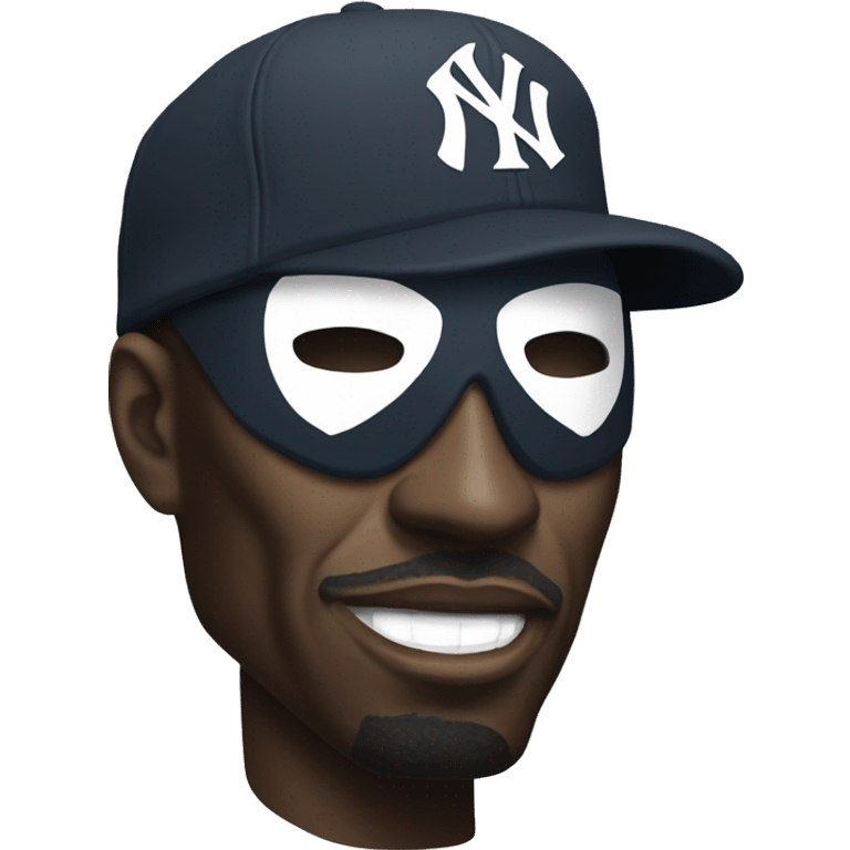 black man in mf doom mask and new york yankee hat on emoji