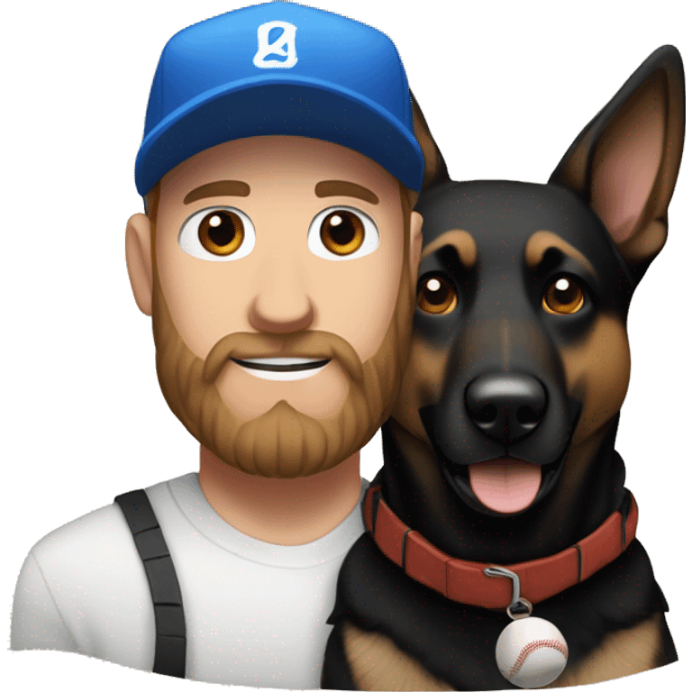 white male with blue eyes, a black beard and a baseball hat alongside a black and brown german shepherd  emoji