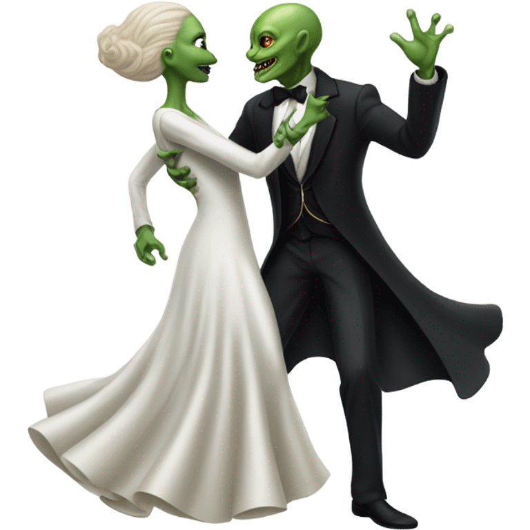  a Reptilian alien woman, in white dress, dance with a human man in frack emoji