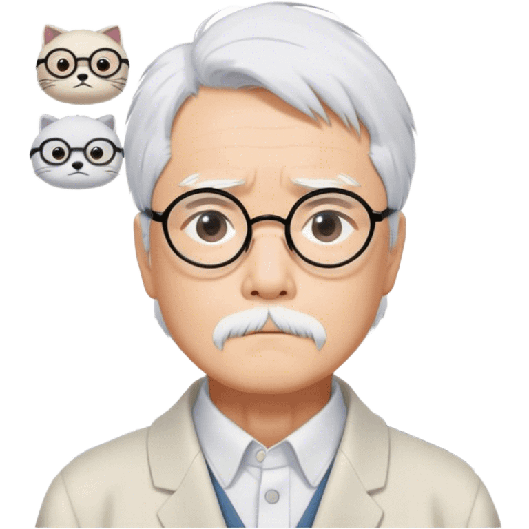 ​Cinematic Realistic Portrait of Hayao Miyazaki, depicted with striking white hair, defined black eyebrows, and large rectangular glasses, his thoughtful expression rendered in lifelike detail against a background of whimsical Studio Ghibli-inspired sketches, illuminated with soft, realistic lighting that emphasizes his creative genius, emoji