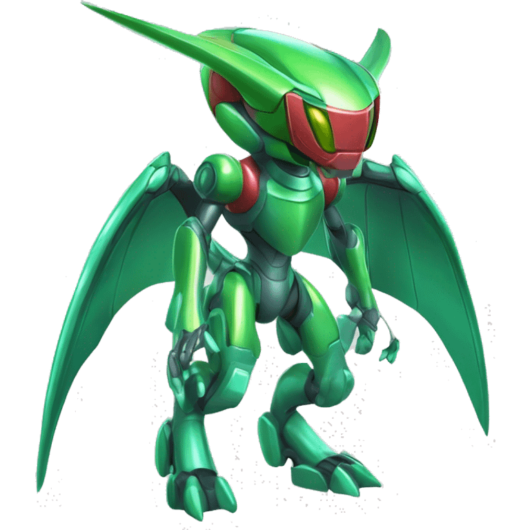 a shiny metallic Genesect-Flygon-Raptor-Fakémon-Medabot-hybrid with a futuristic visor-helmet full body emoji