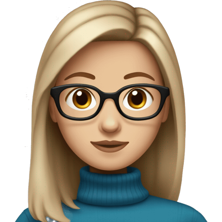 White girl wearing turtleneck with blue eyes, brown hair bob, and glasses emoji