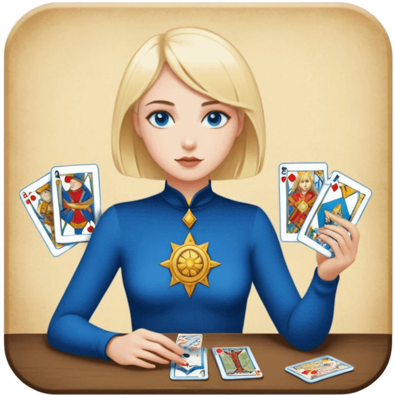 A blonde girl with blue eyes and short hair is playing tarot cards emoji