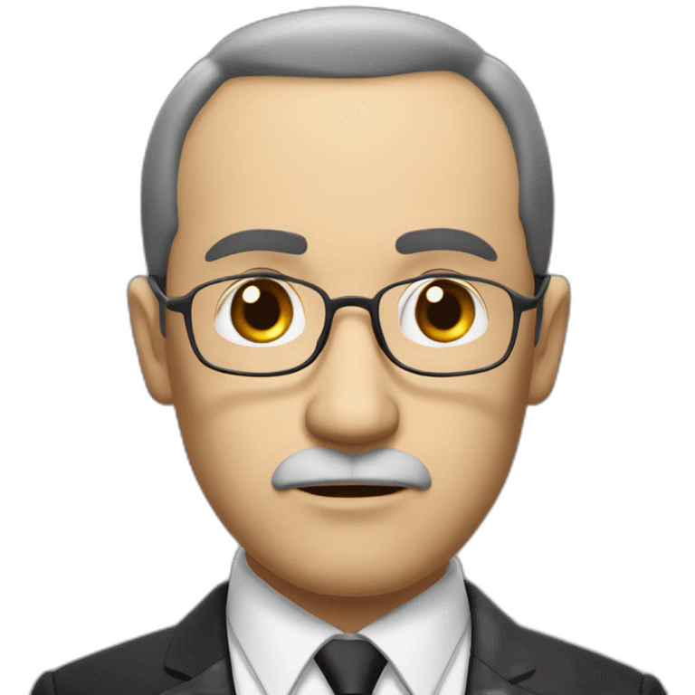 Middle-aged man with gold glasses, thin beard, dark hair, black suit, red tie, white shirt, and a serious expression. emoji