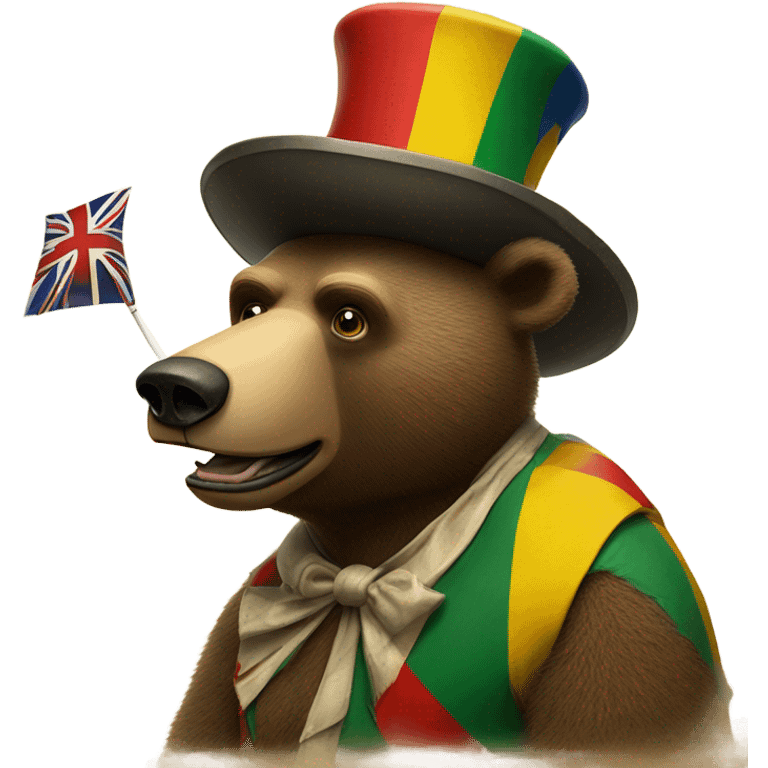 Bear Grills the British survivor in a clown hat in a circus smoking a rolled up cigarette with Jamaican flags  emoji