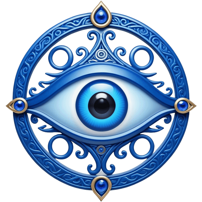 Cinematic Realistic depiction of a classic Evil Eye talisman, rendered with intricate details and vibrant blue hues, set against a soft, ethereal backdrop that underscores its protective symbolism emoji