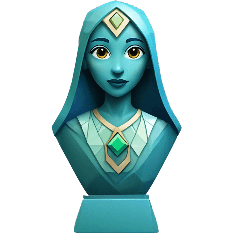 Sculpture oracle priestess with a geometric faceted design with disney features. Oracle of delphi is sparkling and standing upright on a base with angular and flower features. The vibrant blues neutrals and greens highlights the sharp edges and planes.  emoji