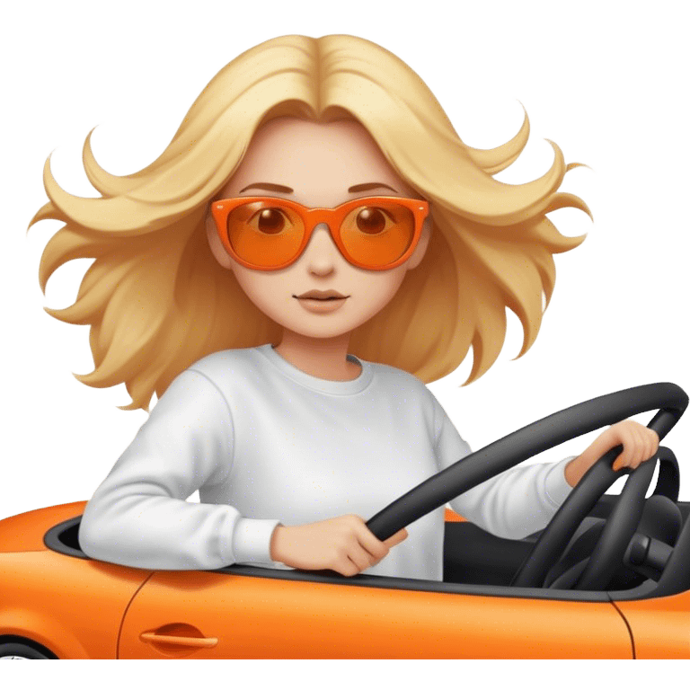 A cinematic realistic blonde in sunglasses, wearing a white sweatshirt, is driving an orange car, her hair is slightly blowing in the wind. emoji