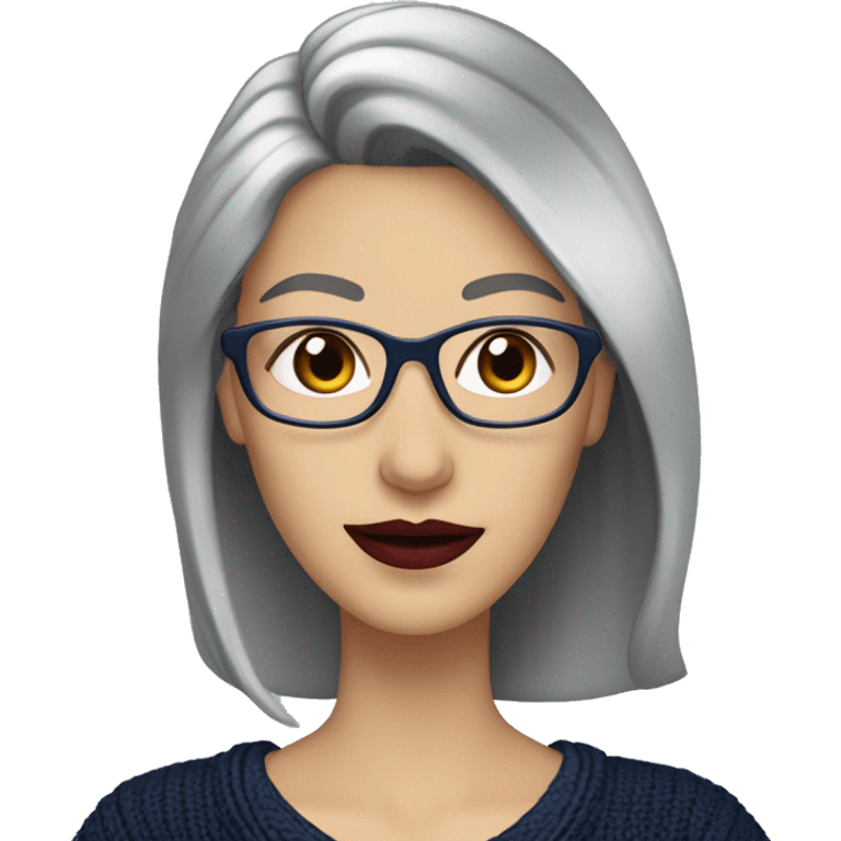 Attractive Caucasian woman with long straight grey hair worn over one shoulder,  wearing wire frame glasses, dark red lipstick, and a navy blue sweater, she has  with a slightly upturned nose emoji