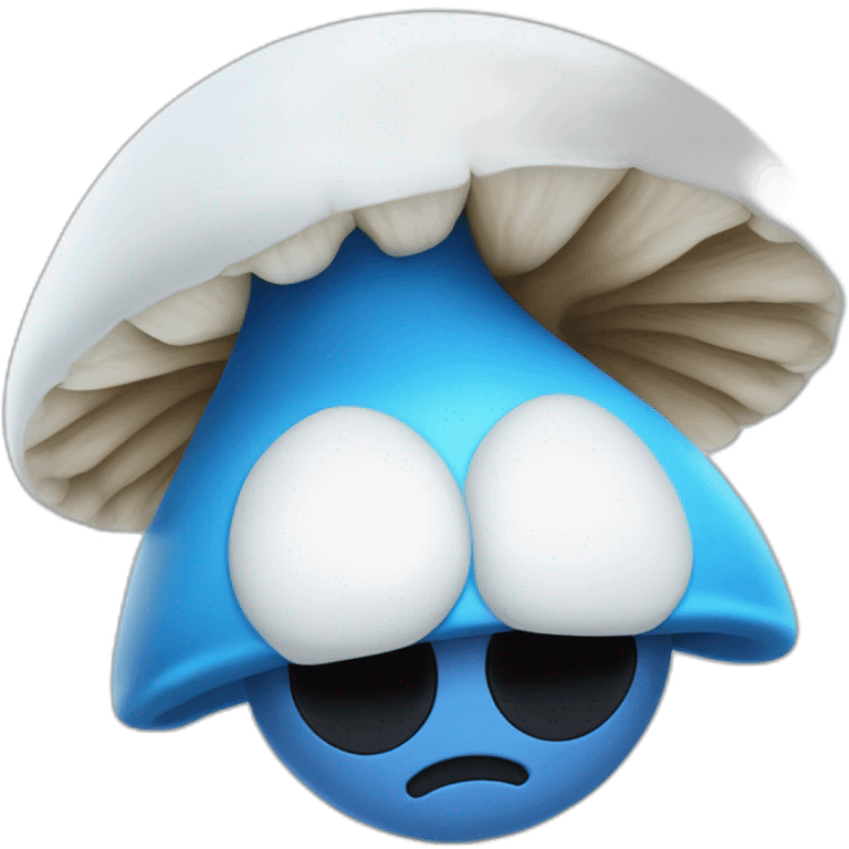 Blue smurf face with large black eyes wearing a large white mushroom on his head casting a show on his face with a neutral face emoji