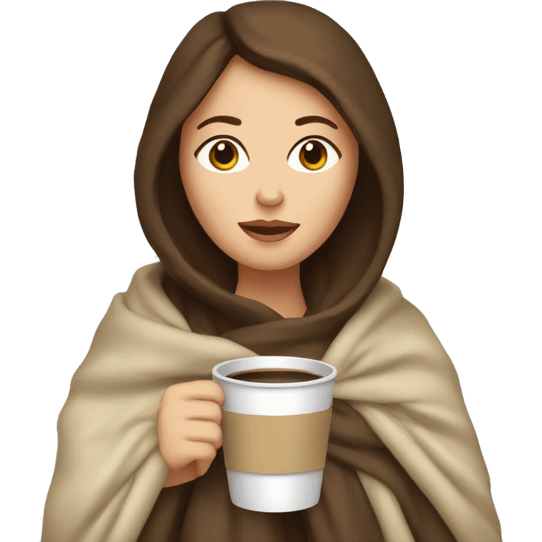 White Woman with brunette hair snuggled in a blanket with a coffee emoji