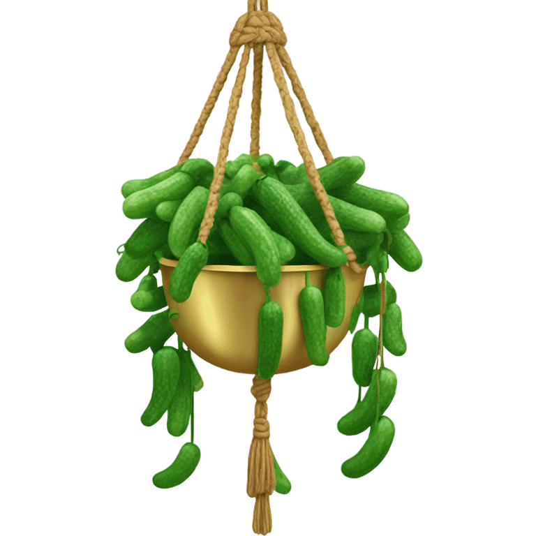 Hanging macrame gold planter with cucumbers growing down  emoji