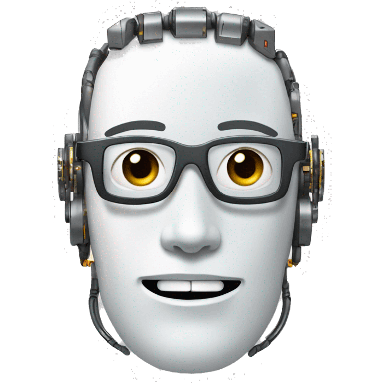 Robotic Cyborg head with fair skin, flat top haircut, rectangular glasses, circuits and smiling  emoji