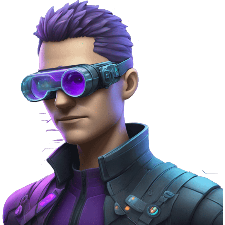 Secret human agent with  cyberpunk elements with a spyglass scanning looking reviewing multicolor lines of code, cyan and purple colors, only upper body portrait emoji