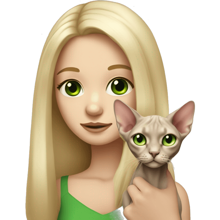 blonde girl long hair holding sphynx cat with green eyes  emoji