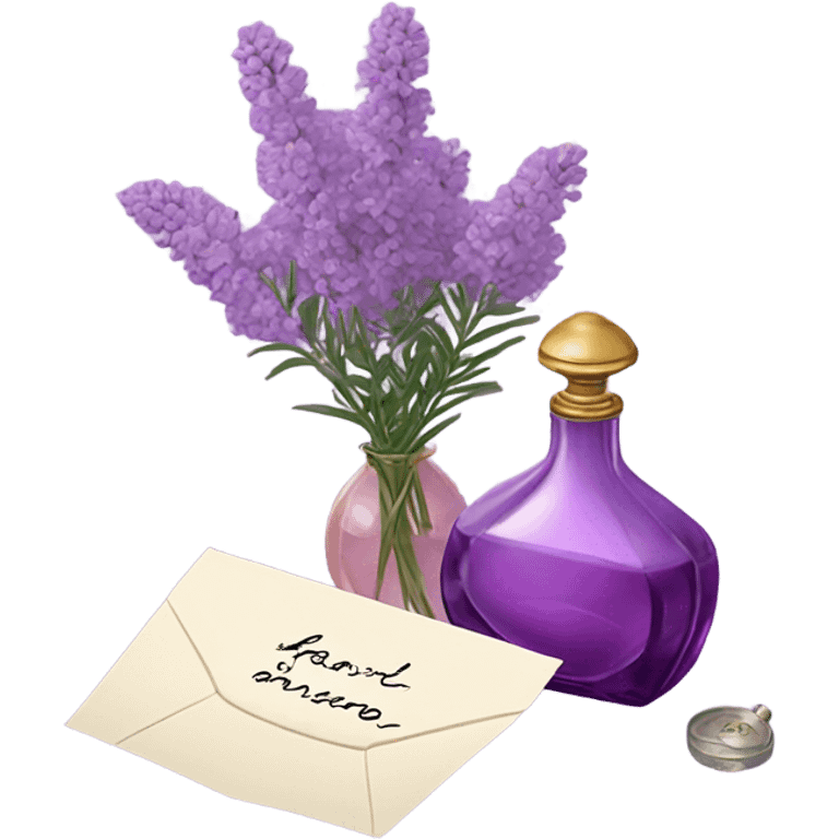 Aesthetic still life of soft violet mimosa flowers, a vintage-style pink perfume bottle, and a lavender love note delicately placed in an envelope.
 emoji