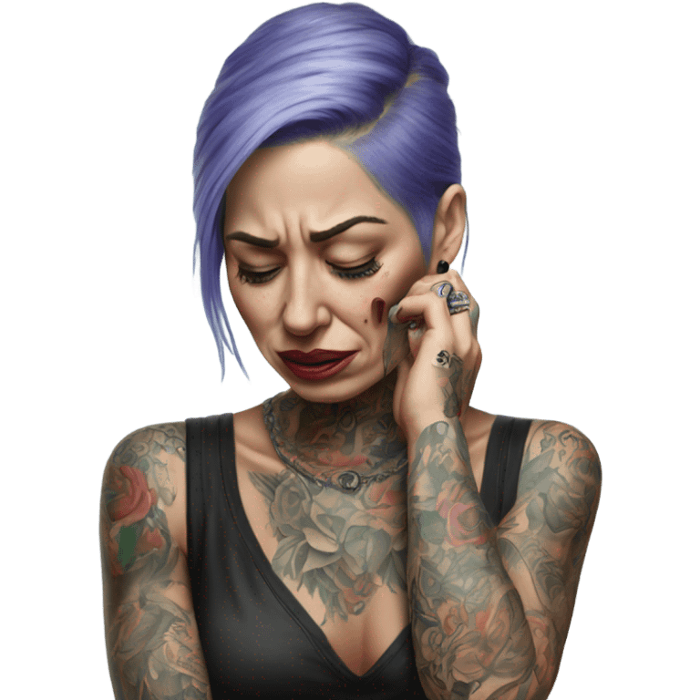 Hyper Realistic Beautiful tattooed woman crying holding a phone  emoji